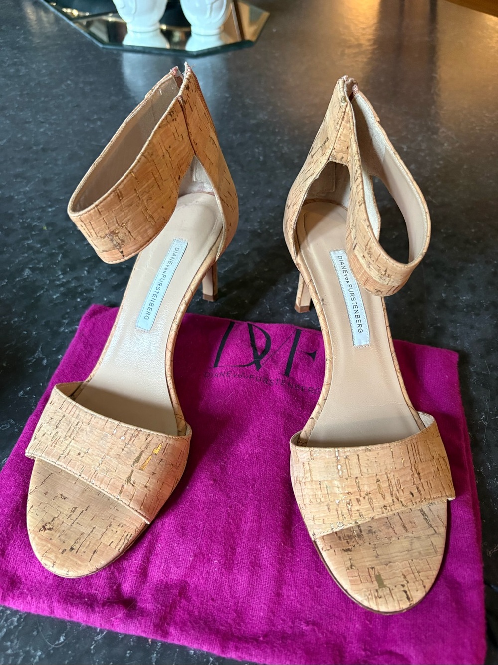Diane Von Furstenberg Natural Cork Ankle-Strap Heels